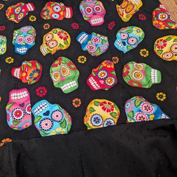 Vintage Handmade Black Dress with Sugar Skulls, Apron Closure - Picture 2 of 5